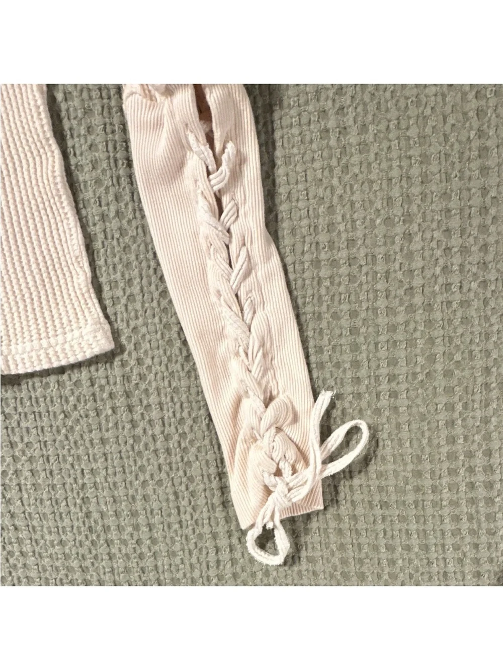 NWOT Free People Ivory Puff Long Sleeve Ribbed Knit Top with Lace-Up Cuffs S